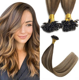 U Tip Hair Extensions Real Human Hair Color Balayage Chocolate Brown to Caramel Blonde 18inch 50Grams Prebonded Fusion Keratin Tip Hair Extensions（Utip#4/27/4-18inch）