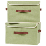 VinneGenzz 2PCS Storage Boxes with Lid Cotton Linen Fabric Storage Bins Organizer Container Decorative Collapsible Washable Shelf Closet Baskets Faux Leather Handles Home Bedroom (Green Large Size)