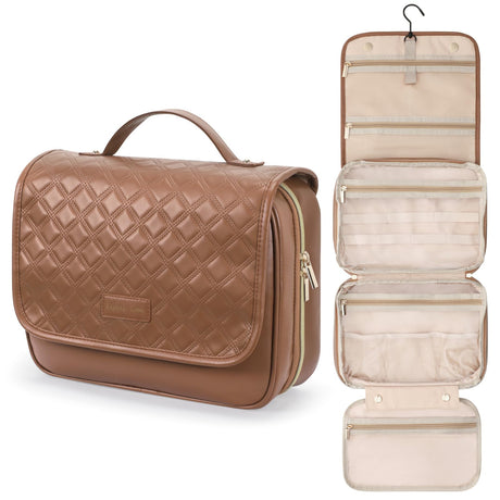 PACKISM Hanging Travel Bag for Toiletries - Quilted Plaid Waterproof Travel Makeup Organizer with Detachable Cosmetic Bag 4 Smart Large Compartments for Full-Sized Toiletries PU Leather Brown (M)