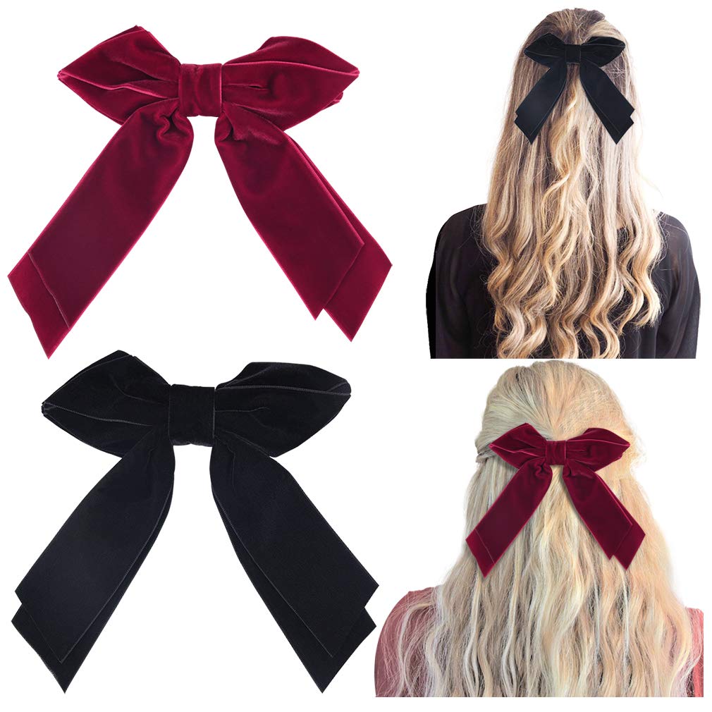 DEEKA 2 PCS 6" Large Velvet Bows Hair Clips Barrettes Hair Accessories for Women and Girls -Black/Red