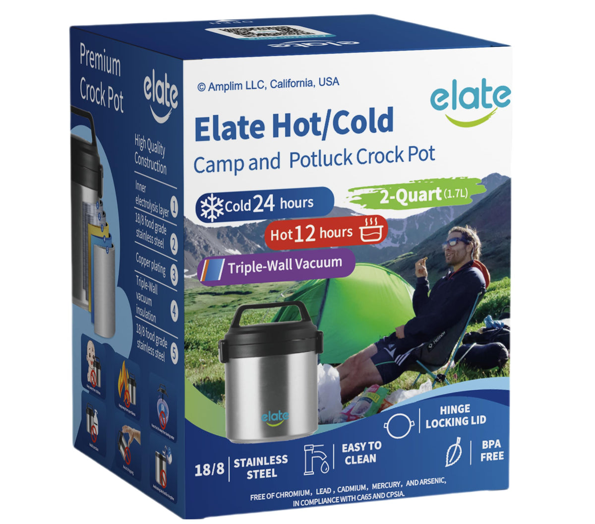 Elate Stay-Hot Camp Crock Triple Wall Vacuum Insulated Thermos for Camping Picnic Potluck | Hot/Cold Foods Soups Baked Beans Drinks Pasta Salad | 2-Quart (64oz) 18/8 Stainless Steel Crock/Pot