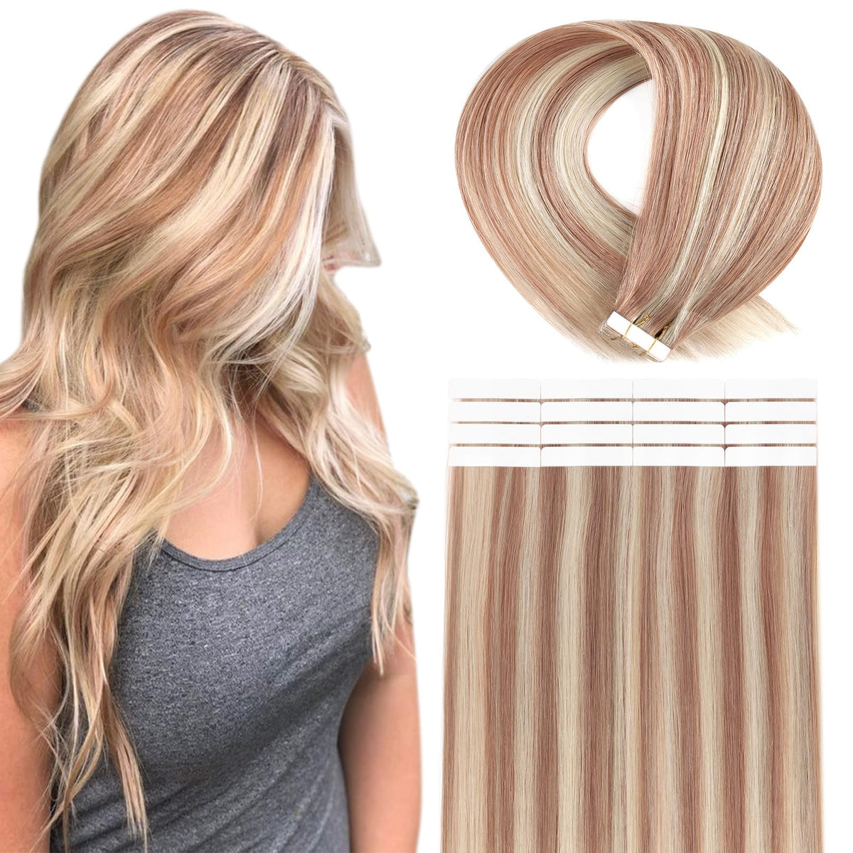 YMEYME Tape in Hair Extensions Human Hair Invisible Reusable Seamless Skin Weft Remy Tape Hair Extensions 20Pcs 50g #B8/60 Balayage Light Brown to Platinum Blonde 22inch
