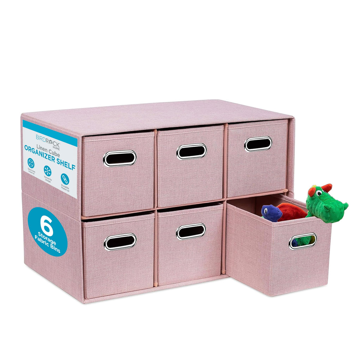 BIRDROCK HOME Linen Cube Organizer Shelf w/ 6 Storage Fabric Bins - Foldable & Durable - Toys Clothes Towels - Collapsible Cubby for Kids Room Dorm Closet Bedroom - Large Shelving Cubbies - Blush