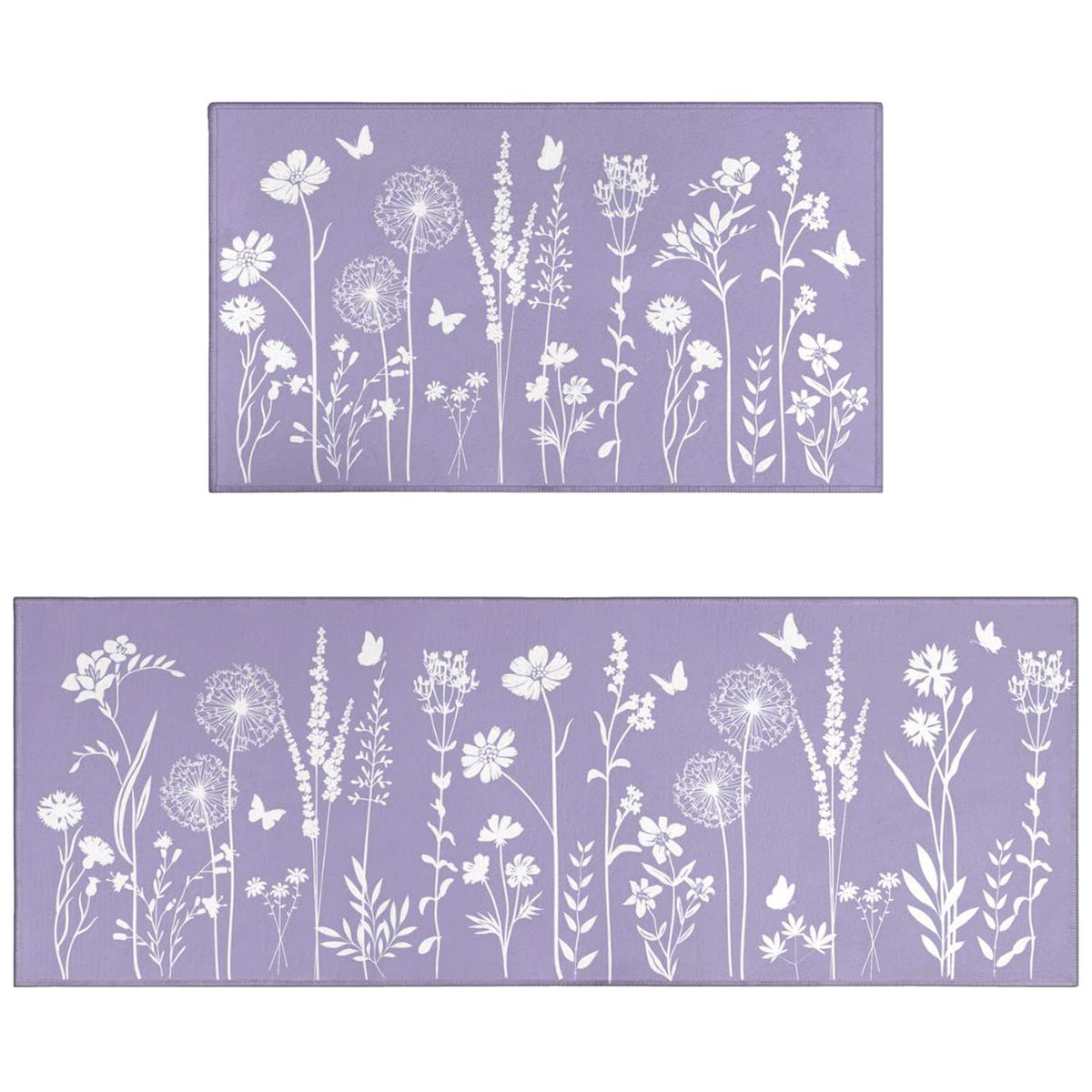 Lavender Purple Kitchen Rug Set of 2- Purple Butterfly Plant Floral Rug Floor Mats Area Rug Carpet Kitchen Decor Accessories Things- Leaves Flower Rugs for Home Kitchen Large- 17x30 and 17x47 Inch
