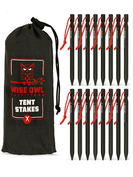Wise Owl Outfitters Tent Stakes - Heavy Duty Camping Stakes for Outdoor Tent & Tarp - Essential Camping Accessories Available in 12pk or 16pk Black