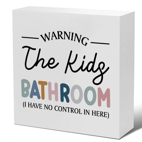 Kids Bathroom Sign Warning the Kids Bathroom Wooden Sign Farmhouse Home Bathroom Decor for Desk Table Shelf Tabletop 5 x 5 Inches