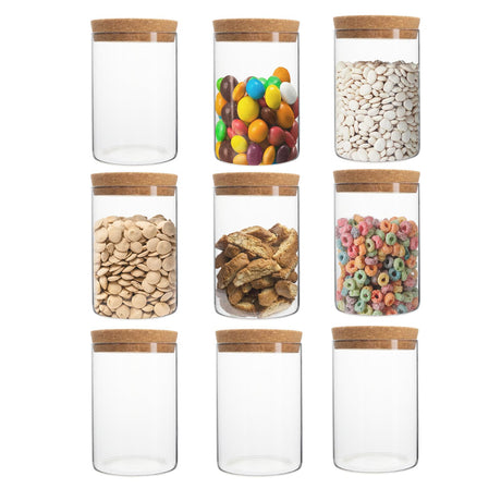 Borosilicate Glass Storage jar with cork Lid 21oz Airtight Containers Suitable for candy beans flour tea nuts cereals peppercorns coffee Kitchen Pantry Organization and Storage jar (9PCS)