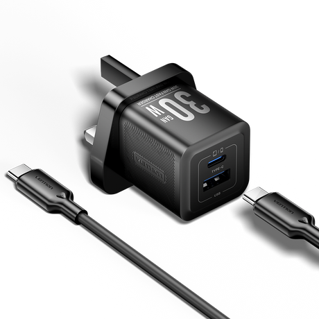 Vention Charger Wall GaN 30W 1xA 1xC+USBC Cable Black TZ-FEQB0-UK-01