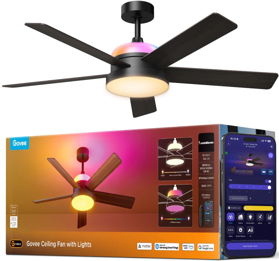 Govee Lamp Ceiling Smart LED Ceiling Fan 52 inch RGBWW+RGBICWW H1310
