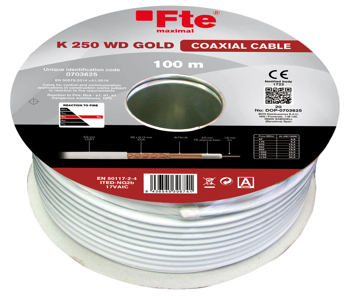 FTE K250WD Gold Coaxial RG6 Copper LSZH Cable 100m CPR Dca