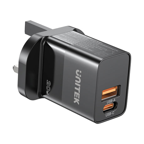Unitek 20W Wall Charger USB-C PD & QC 3.0 UK P1124ABK Black
