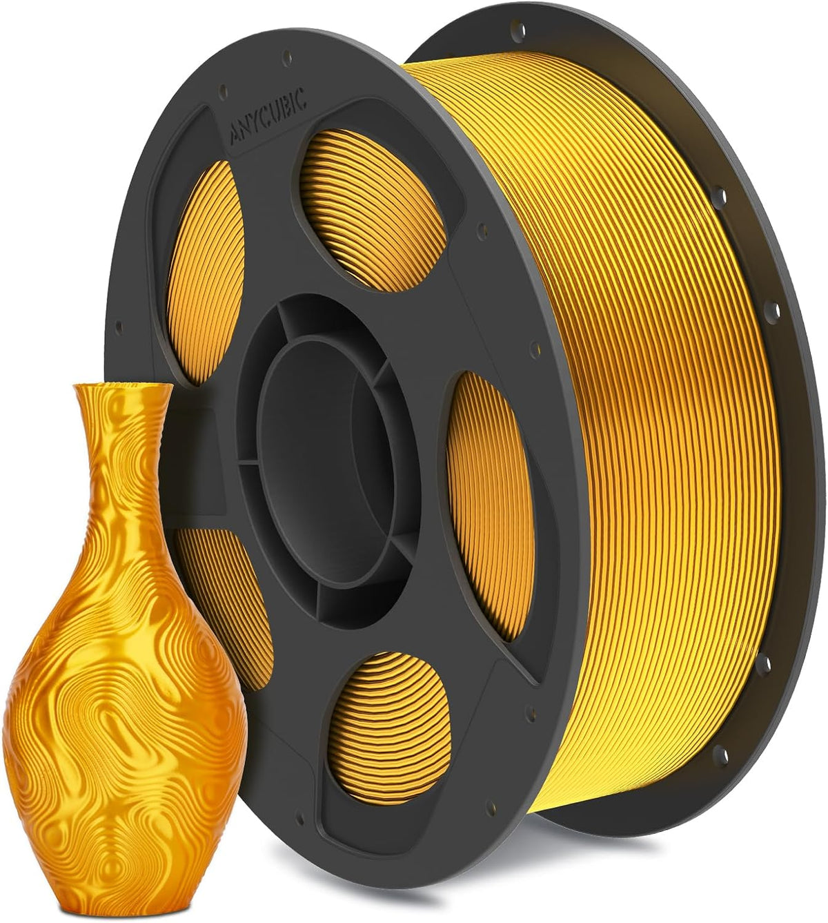Anycubic PLA Silk Filament Gold 1Kg. Ideal Usage: Display models, figurines, cosplay armor/props, vases, jewelry, and decorative items where a premium, metallic, or glossy aesthetic is desired.