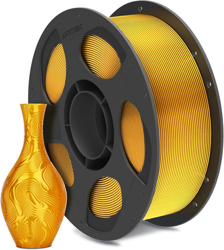 Anycubic PLA Silk Filament Gold 1Kg. Ideal Usage: Display models, figurines, cosplay armor/props, vases, jewelry, and decorative items where a premium, metallic, or glossy aesthetic is desired.
