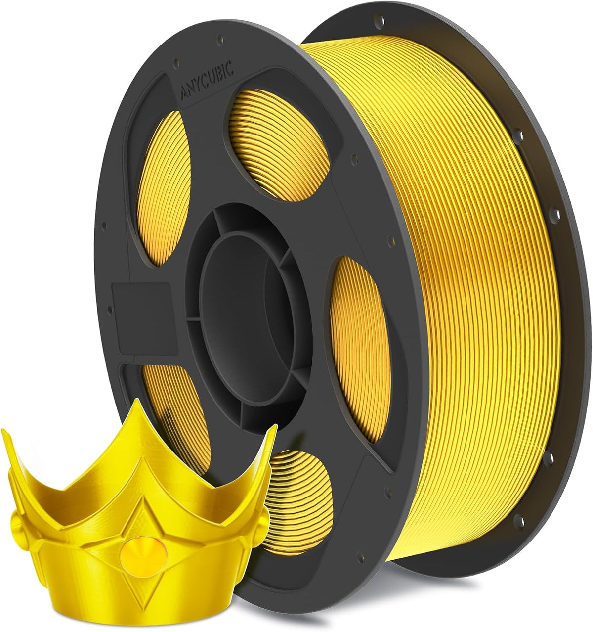 Anycubic PLA Silk Filament Shiny Gold 1Kg. Ideal Usage: Display models, figurines, cosplay armor/props, vases, jewelry, and decorative items where a premium, metallic, or glossy aesthetic is desired.