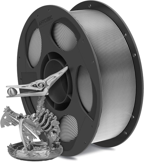 Anycubic PLA Silk Filament Silver 1Kg. Ideal Usage: Display models, figurines, cosplay armor/props, vases, jewelry, and decorative items where a premium, metallic, or glossy aesthetic is desired.