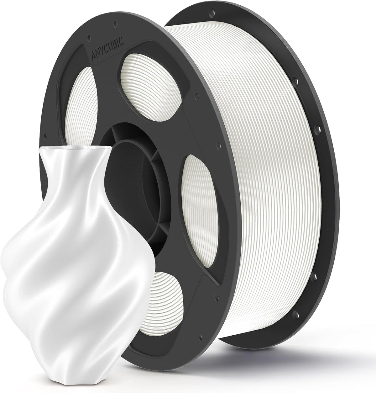 Anycubic PLA Silk Filament White 1Kg. Ideal Usage: Display models, figurines, cosplay armor/props, vases, jewelry, and decorative items where a premium, metallic, or glossy aesthetic is desired.