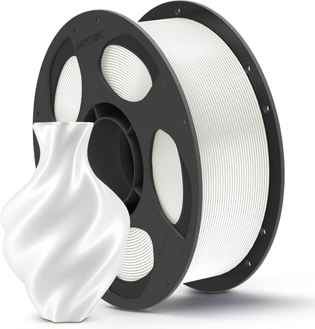 Anycubic PLA Silk Filament White 1Kg. Ideal Usage: Display models, figurines, cosplay armor/props, vases, jewelry, and decorative items where a premium, metallic, or glossy aesthetic is desired.