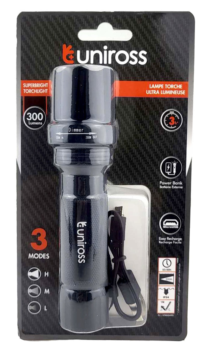 Uniross ULFL014 USB Rechargeable Pocket Aluminium Flashlight IP54 300 lumens & Powerbank Function