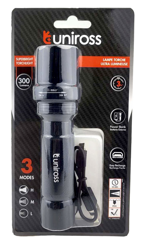 Uniross ULFL014 USB Rechargeable Pocket Aluminium Flashlight IP54 300 lumens & Powerbank Function