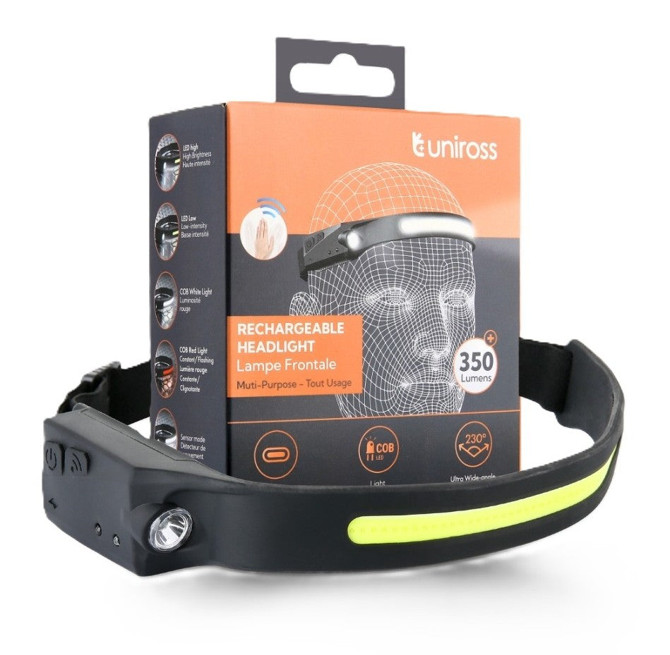 Uniross ULSH07 Headlamp 350LM USB-C Rechargeable, Wide Angle & Motion Sensor