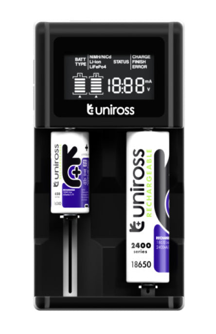 Uniross UCX004 Smart Fast Charger (2-3 hrs) for 24 Types of NiMH & Lithium Batteries (USB & 12V Powered) with LCD Display