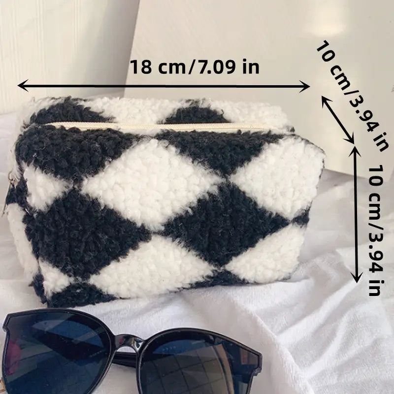 Checkered Plush Cosmetic Bag - Aesthetic Travel Pouch
