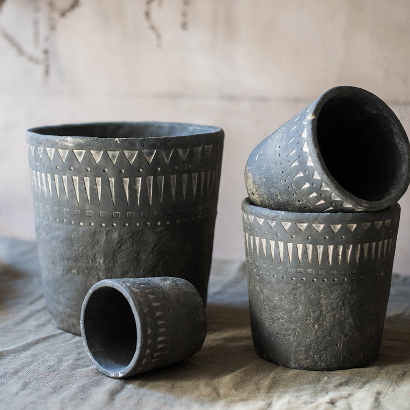 African Element Vintage Black Ceramic Planter Vase