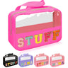 Chenille Letter Patch Stuff Bag Preppy Clear Makeup Cosmetic Bag Large Toiletry Storage Tote Bag with Handle Transparent Nylon Waterproof Organizer Zipper Pouch for Travel Women Girls(Rosered)