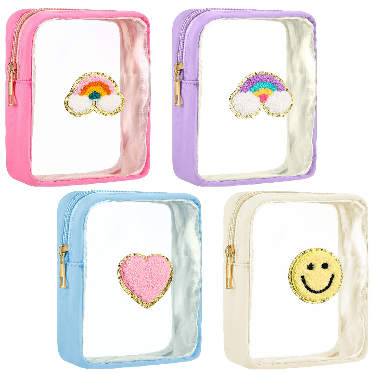Spiareal 4 Pcs Preppy Patch Makeup Bag Cute Chenille Letter Pouch Cosmetic Makeup Cases Toiletry Bag with Zipper Travel Organizer Stuff Skincare Bags for Women Nurse(Transparent Surface)