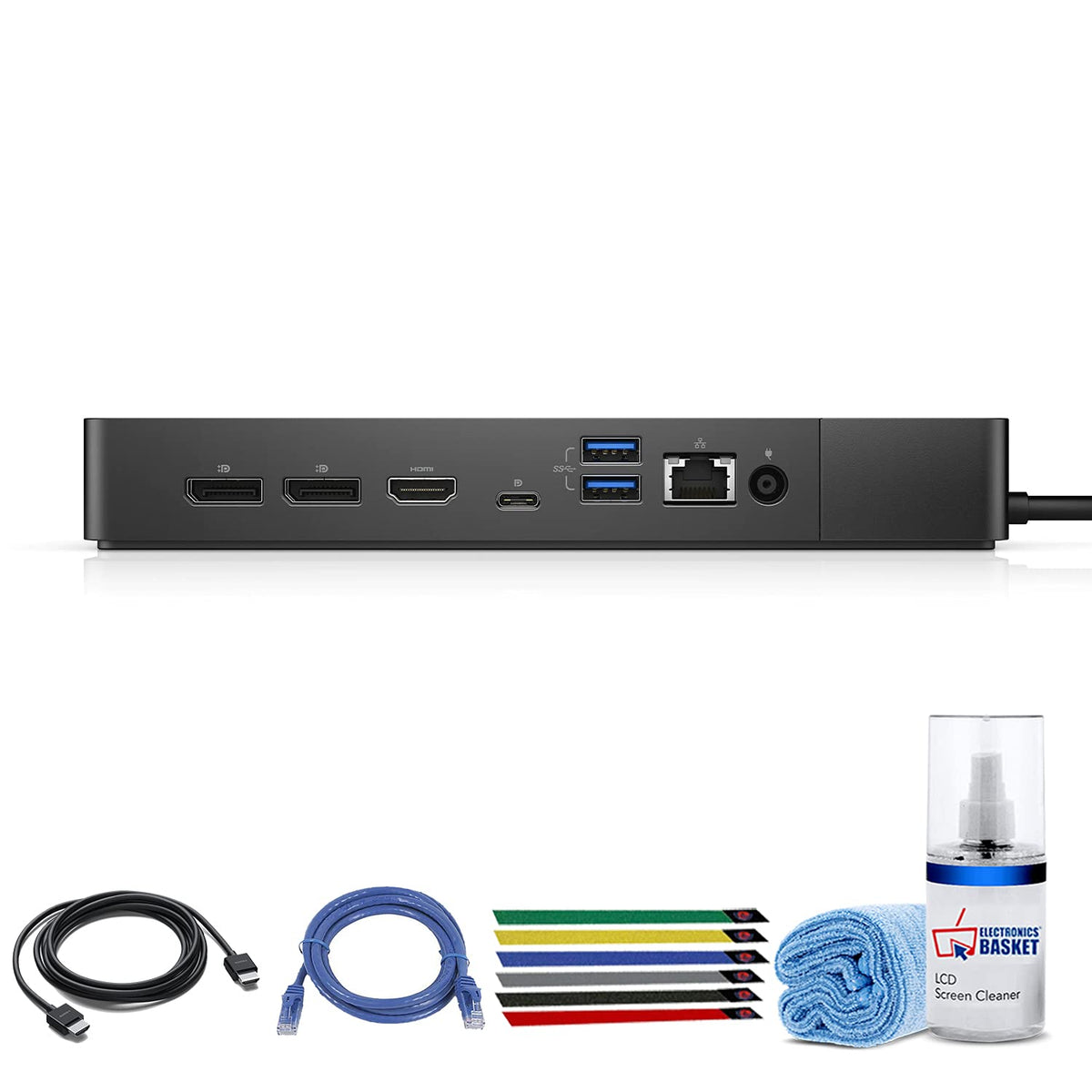 Dell WD19S 180W Computer Docking Station (USB USB-C DisplayPort HDMI Ethernet Ports) 1-Pack Bundle with LCD Cleaning Kit Ethernet + HDMI Cable and (6) Electronics Basket Cable Ties