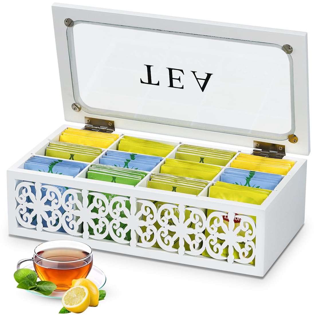 handrong Tea boxWood Organizer and Storage12 Compartments Tea Box Organizer Tea Organizer for Tea Bags with Clear Glass WindowTea Bag Holder Organizer for Countertop Kitchen Cabinet Pantry