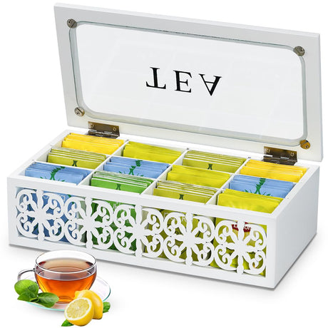 handrong Tea boxWood Organizer and Storage12 Compartments Tea Box Organizer Tea Organizer for Tea Bags with Clear Glass WindowTea Bag Holder Organizer for Countertop Kitchen Cabinet Pantry