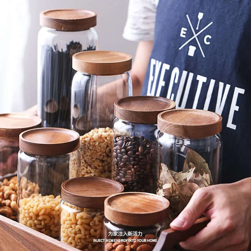 Airtight Wooden Lid Glass Storage Jars for Food