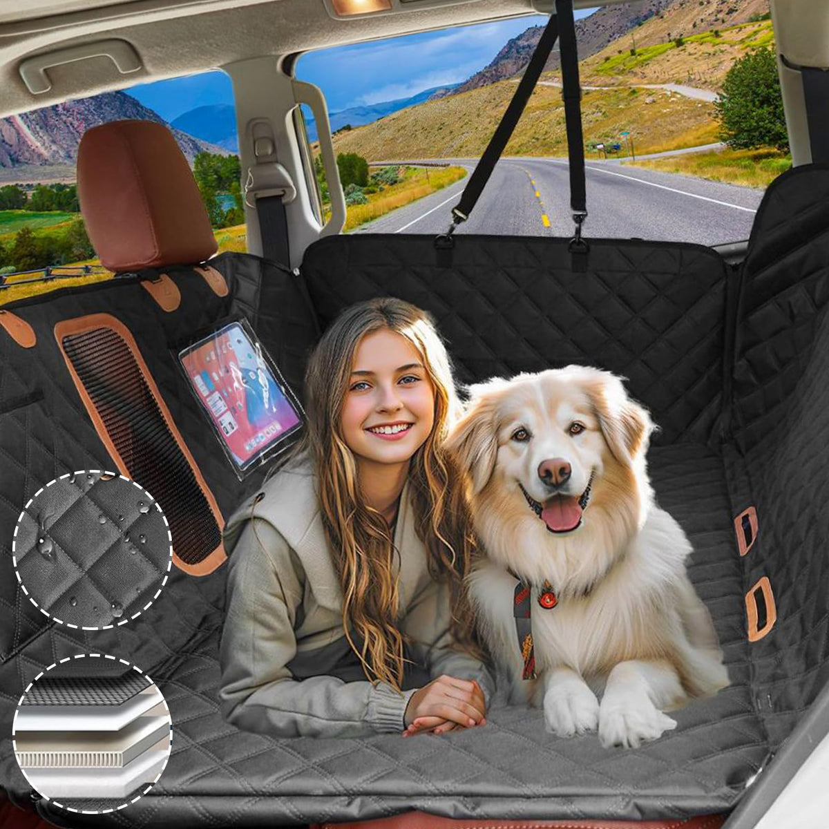 Back Seat Extender for Dogs Waterproof Dog Car Seat Cover for Back Seat with Hard Bottom - Upgraded Anti-Scratch 1680D Oxford Fabric-Holds 600Lbs Dog Hammock for Car&SUV&Truck(BlackLarge Dogs)