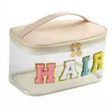 Personalized Chenille Letter Clear Hair Makeup Bag Large Size Waterproof Nylon Cosmetic Toiletry Storage bag with Top Handle Transparent Meds Hair Travel Organizer Cosmetic Bag(07Hair-Beige)