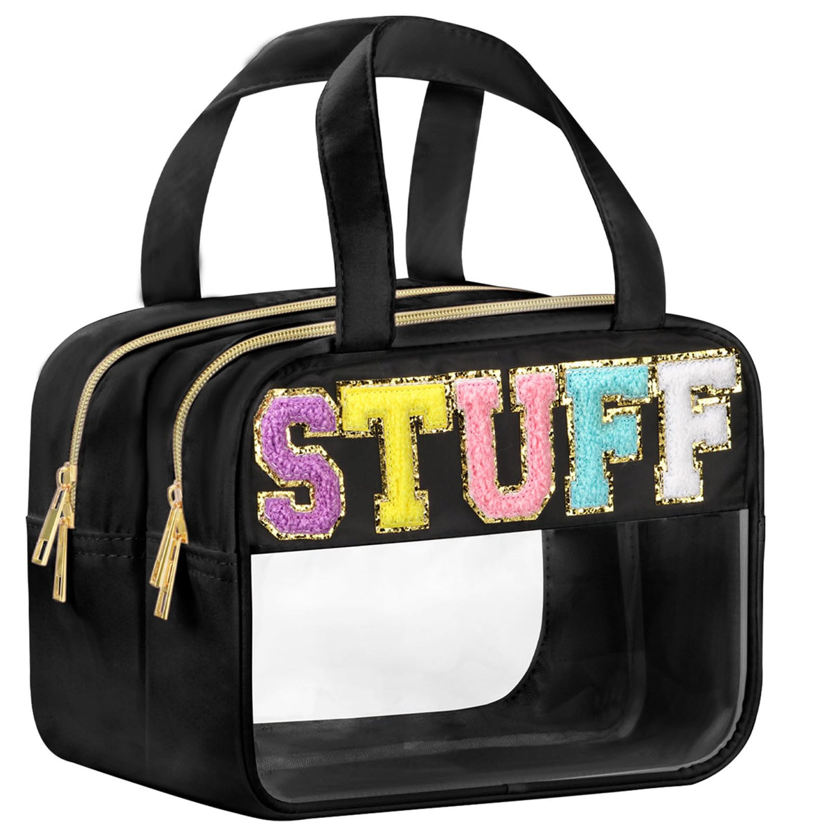 Chenille Letter Clear Makeup Bags Clear Stuff Bag for Travel Preppy Patch Nylon Cosmetic Bag with Handles and Zipper Waterproof Large Clear Travel Toiletry Bag Storage Bag for Women Black