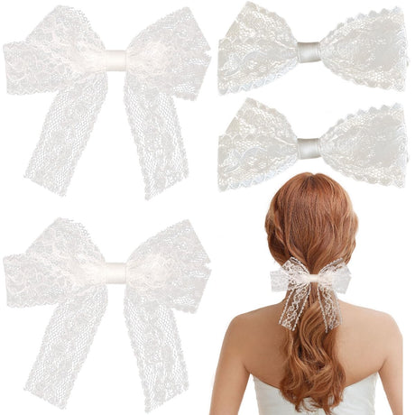 4 PCS White Lace Bows Hair Clips Cute Lace Ribbon Bow Alligator Clip Tulle Bows Metal Clip Bow Hair Clip Bowknot Clips Hollow Out Bowknots Hair Barrettes for Women Girls
