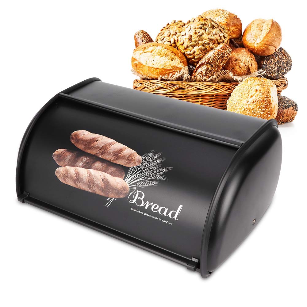 ZLXHDL Bread Box Large Capacity Stainless Steel Bread Holder Bin Container Bread Storage Box Kitchen Storage Organizer(Black)