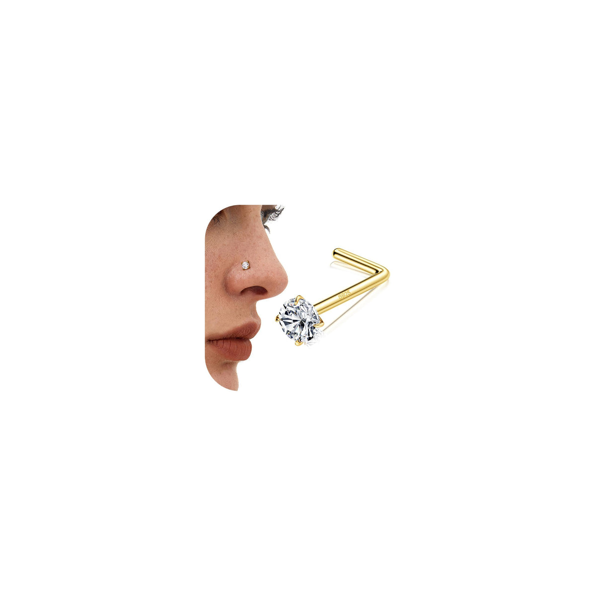 MILACOLATO 14K Gold Filled Nose Rings 20G Sterling Silver Nose Rings Studs Bone L Shaped Nose Rings Hypoallergenic Nostril Nose Piercing Jewelry for Women Men 2mm 5A Simulated Diamond CZ