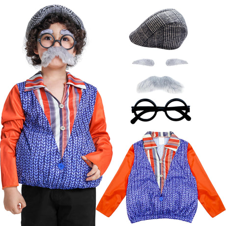 AlecosFun Old Man Costume for Boys 100th Day of School 5-Piece Grandpa Set Halloween Top Suit for Kids Child Dress Up 4-6Y