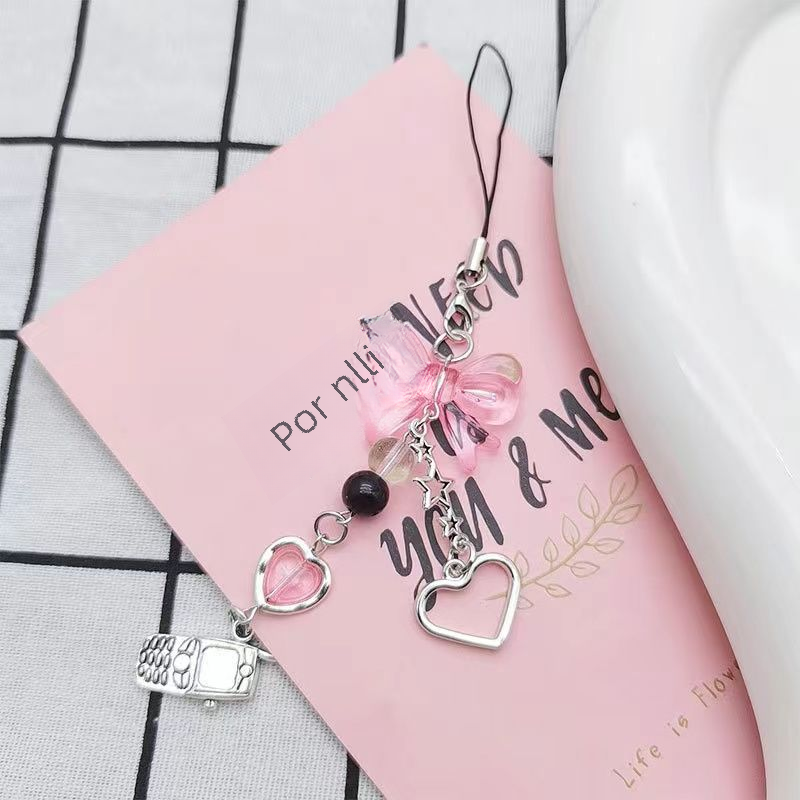 Kawaii Heart Bow Phone Chain - Aesthetic Accessory