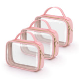 Wedama TSA Approved Toiletry Bag 3 Pack Clear Makeup Bags with Handles Quart Size Clear Toiletry Bags PVC Cosmetic Bags for Women and Men Carry on Airport Airline Comp (Pink 3 Pack Medium)