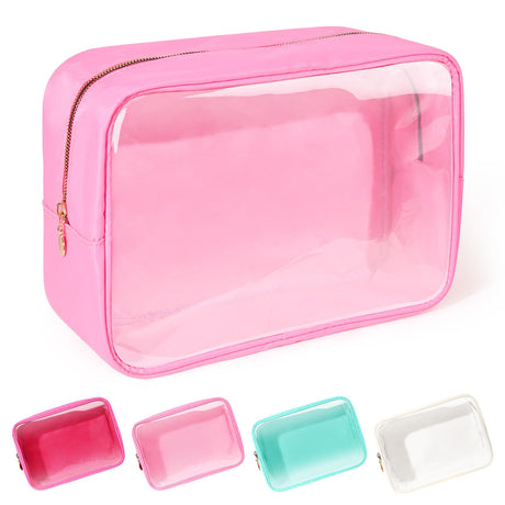 SOIDRAM Large Makeup Bag for Purse Clear Makeup Bag Nylon&PVC Travel Pink Cosmetic Bag Preppy Cosmetic Zipper Pouch Toiletry Organizers Bag Coin Purse for Women