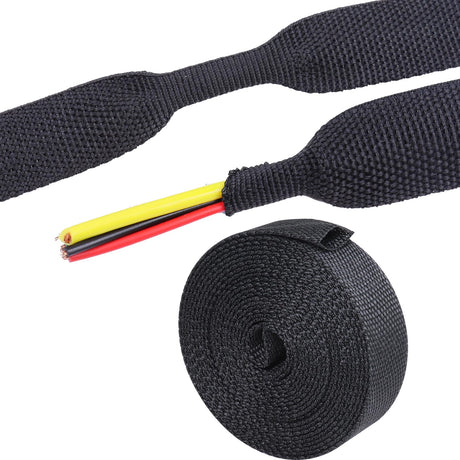 SUNNAREPOON 2:1 Ratio Automotive Heat Shrink Braided Sleeve Cord Protector Wear-Resistant Fabric Flat Woven Shrinkable Tubing Wires Hoses Protection (3/8"-15ft)
