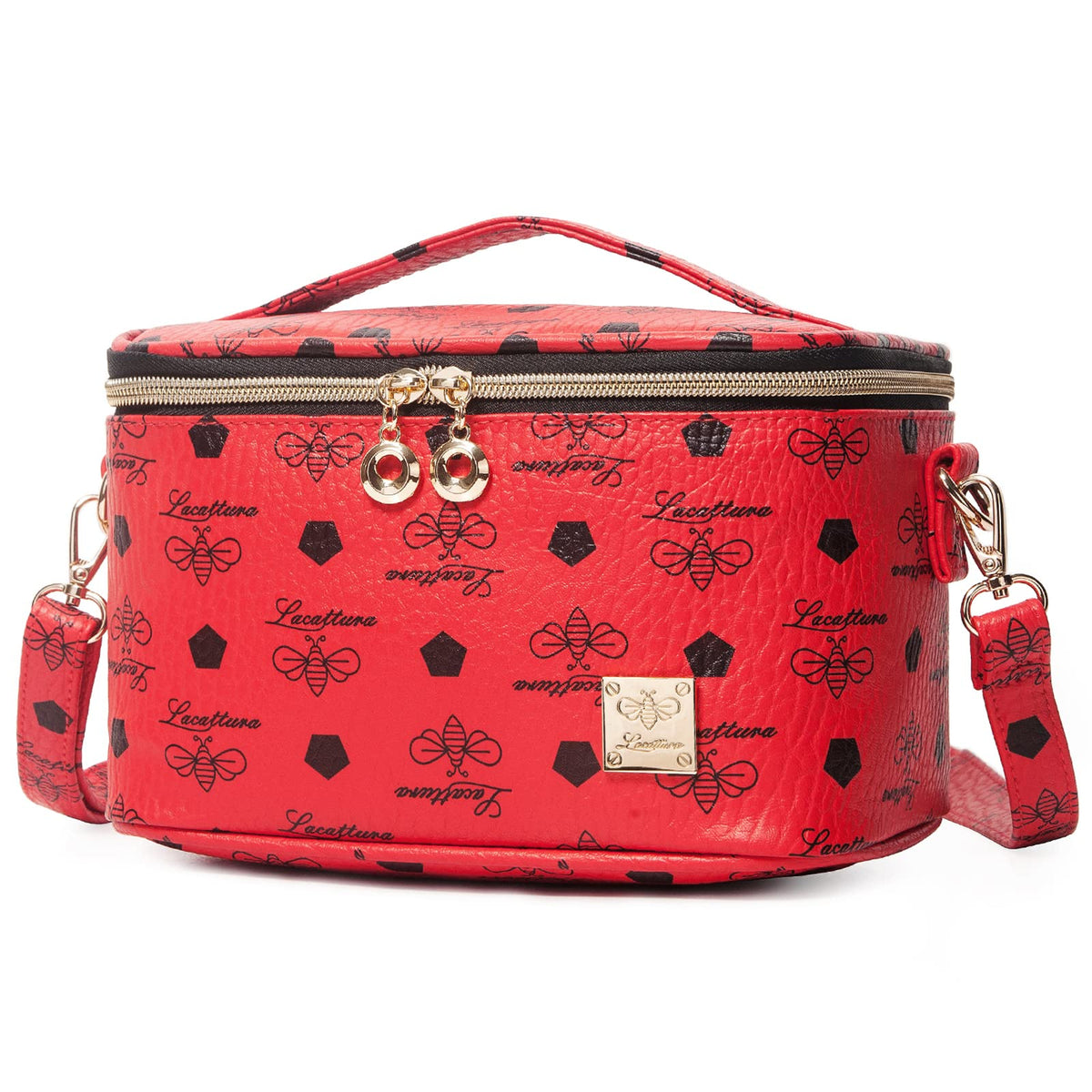 LACATTURA Travel Makeup Bag for Women Leather Toiletry Bag Cosmetic Case with Adjustable Divider Portable Make Up Organizer Brush Holder with Shoulder Strap Beauty Storage Bags for Girls Red
