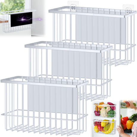Menkxi 3 Pcs Magnetic or Adhesive Refrigerator Organizer Magnetic Baskets Kitchen Magnetic Holder for Refrigerator Metal Shelf Rack Storage with 2 Types of Installation (White)