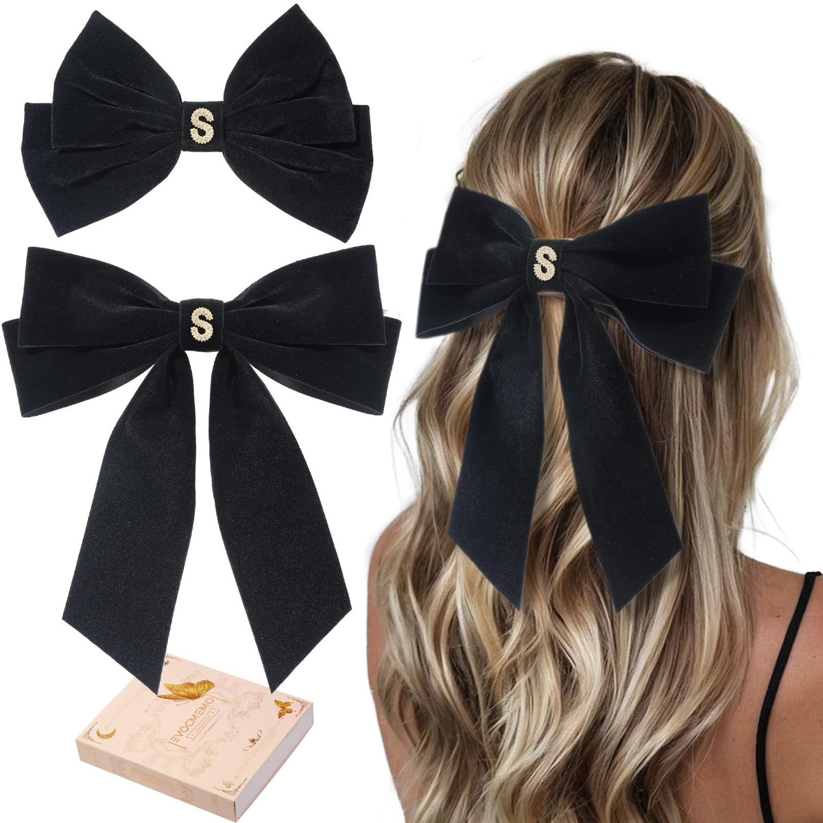 2Pcs Velvet Hair Bows Set – Black Elegant Bow Clip & Long Ribbon Hair Clip Personalized Hair Accessories for Women Girls & Kids Gift for Weddings Birthdays Christmas-S