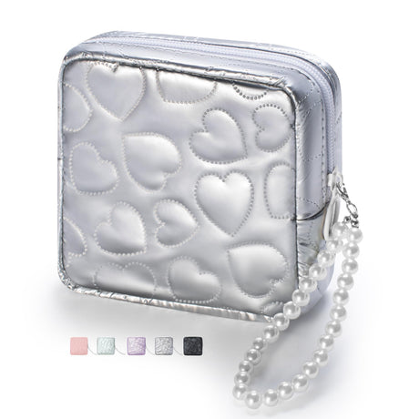 Ralnitote Mini Makeup Bag with Detachable Faux Pearl Chain: Cute & Compact Cosmetic Pouch for Purse Multi-Functional Small Makeup Bag for Travel and Everyday Use-Silver