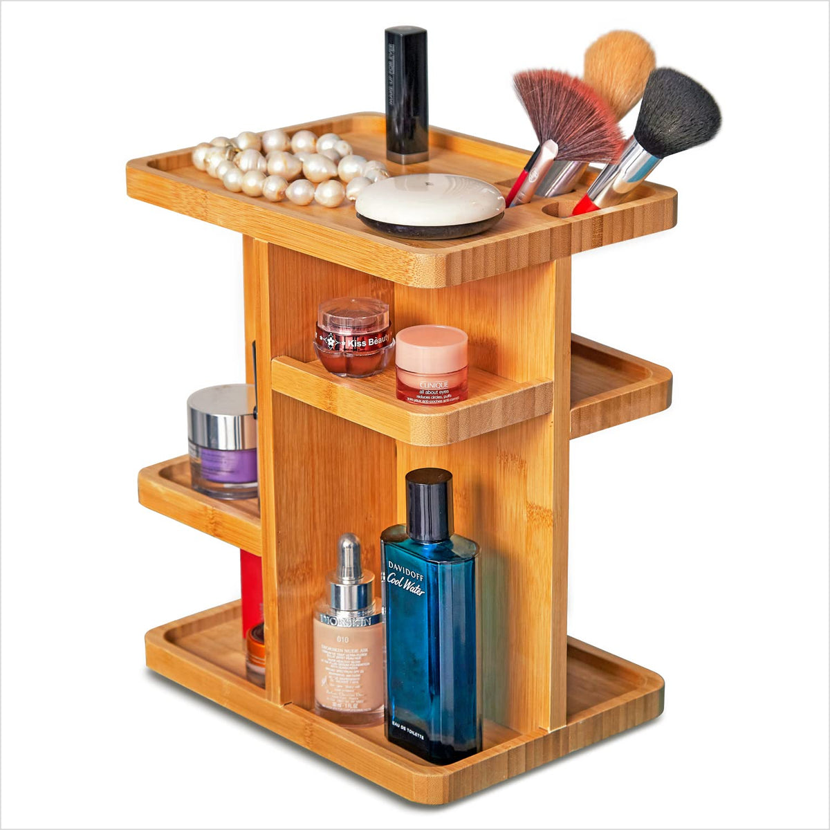 RoyalHouse Bamboo 360 Degree Rotating 12 inches Makeup Organizer Display Cosmetic Organizer Multi-Function Storage for Makeup Desk Bathroom Bedroom Closet and Toiletries
