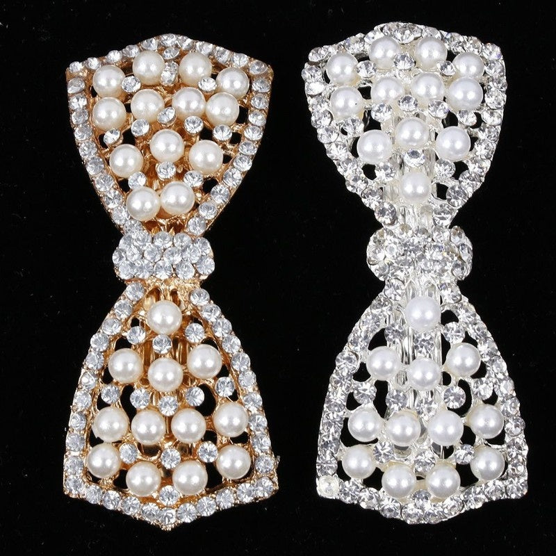 Elegant Pearl Bow Hair Clip with Diamond Accents